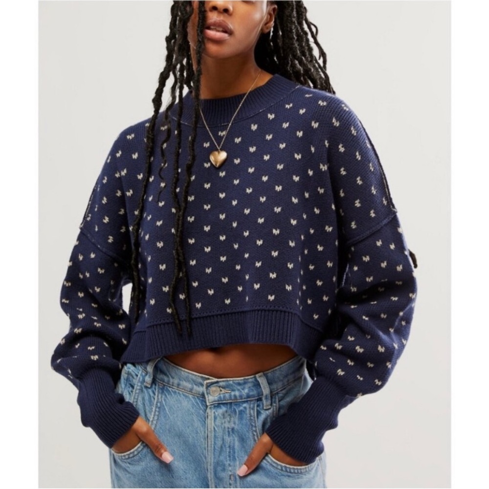 NWT Free People Easy Street Patterned Crop Pullover Blue and White Sweater